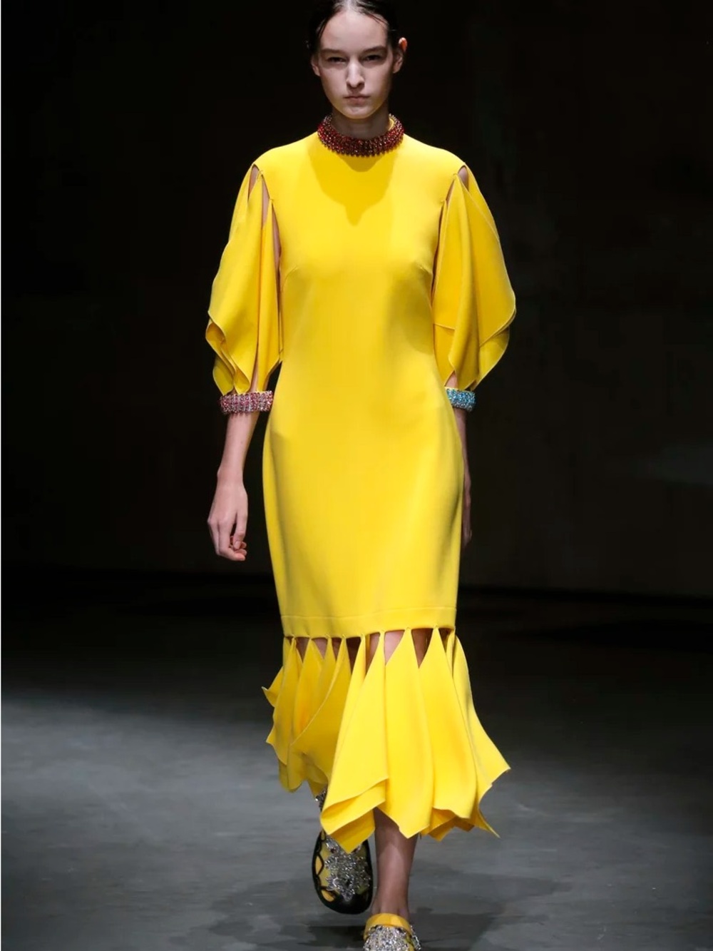 Christopher Kane Yellow Rhinestone-Trim Midi Dress
